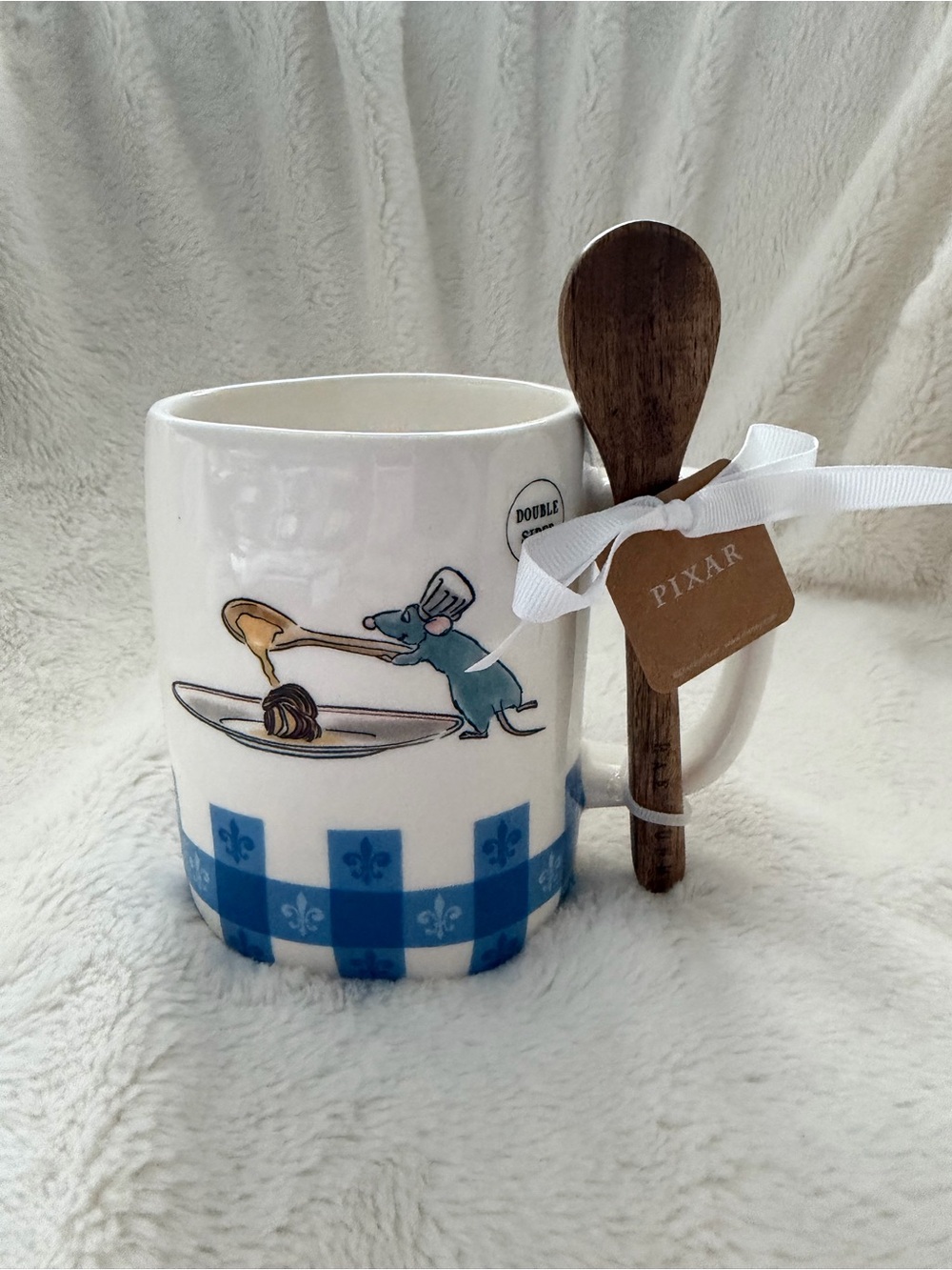 Ratatouille Remy Ceramic White and Blue Chef Mug with Wooden Spoon NWT
